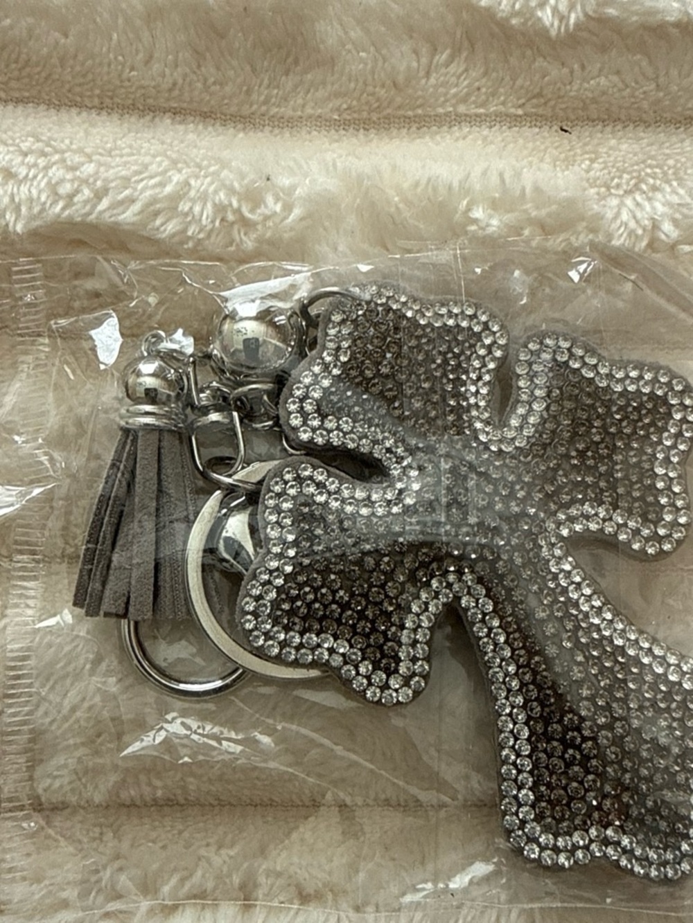 Crystal Cross Keychain Charm with Tassel - Silver